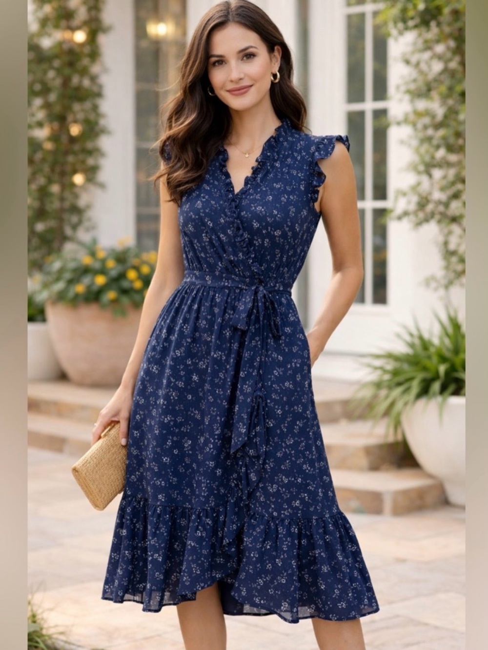 Kate Spade Sleeveless Navy Floral Wrap Dress with Ruffle Trim size 0